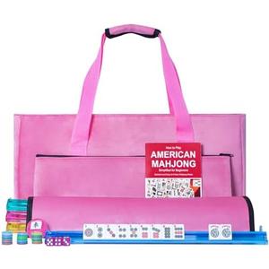 GUSTARIA American Mahjong Game Set, 166 White Tiles, 4 All-in-One Color Rack/Pushers, Complete Mahjong Tiles Set with Pink Carrying Bag (Mahjong)