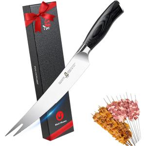 TUO BBQ Knife, 8 inch Roast Cutting Knife with Fork Tip for Grilled Meat Cutting, Serrated Edge, High Carbon German Steel, Comfortable Pakkawood Handle (1.4")