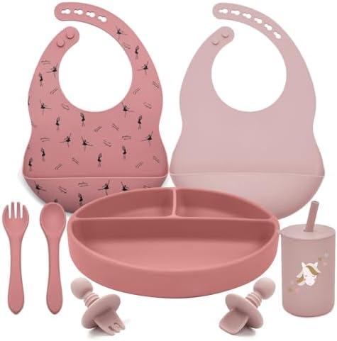 LITTLE RAWR Silicone Baby Feeding Set, Baby Led Weaning Supplies, Baby Spoons Suction Divided Plate Bib Cup, First Stage Solid Food Eating Utensils - 6+ Months(Pink-Red)
