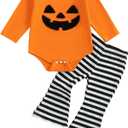 Baby Girl Halloween Clothes Set Long Sleeve Funny Pumpkin Embroidery Top Stripe Flare Pants Fall Outfit Infant (12-18 Months, Orange)