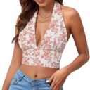 Rooscier Women's Halter Tie Back Crop Top | Deep V Neck Sleeveless Backless Cami (White, XL)
