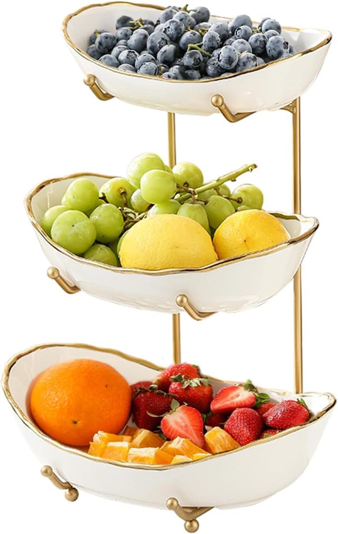 Ceramic Fruit Bowl for Kitchen Counter - 3 Tier Fruit Basket with Metal Stand, Tiered Fruit Stand for Countertop, Snack, Nuts, Cake, Dessert, Cute (Gold-Rimmed, Small)