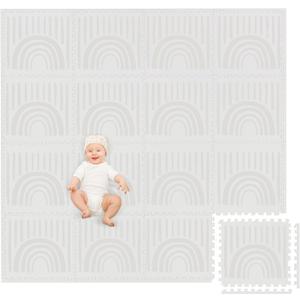 Play Platoon Non-Toxic Large Kids Play Mat, 16 Foam Mat Tiles 96 x 96 inch - Extra-Thick Interlocking Comfortable 24 x 24 in. Puzzle Baby Play Mats for Floor, Neutral Baby Play Mat Rug for Toddlers (Boho Rainbow)