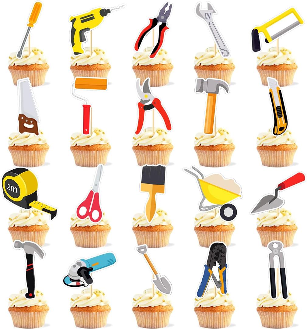 51 Pieces Tools Cupcake Toppers Instrument Cake Decoration Tool Stickers (2 in 1) Tools Hammer Screwdriver Pliers Electric Drill Theme for Kids Girls 1st 2nd Happy Birthday Baby Shower Party Supplies