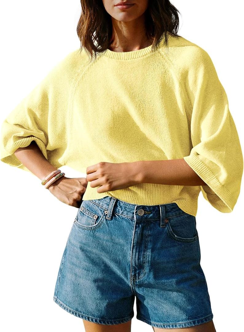 Saodimallsu Womens Short Sleeve Sweater Tops Summer Lightweight Knit Crew Neck Casual Loose Batwing Pullover Top Large