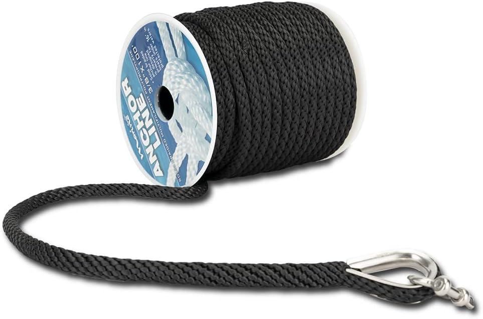Made 3/8 Inch 50FT 100FT 150FT Premium Solid Braid MFP Black Gray Anchor Line Braided Anchor Rope/Line with Stainless Steel Thimble and Shackle (3/8" x50' Black)