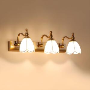 RUNNUP Flower Ivory Glass Vanity Light Retro Vintage Style Wall Sconce Bathroom Mounted Lighting Fixture Farmhouse Wall Lamp in Gold, 3-Light