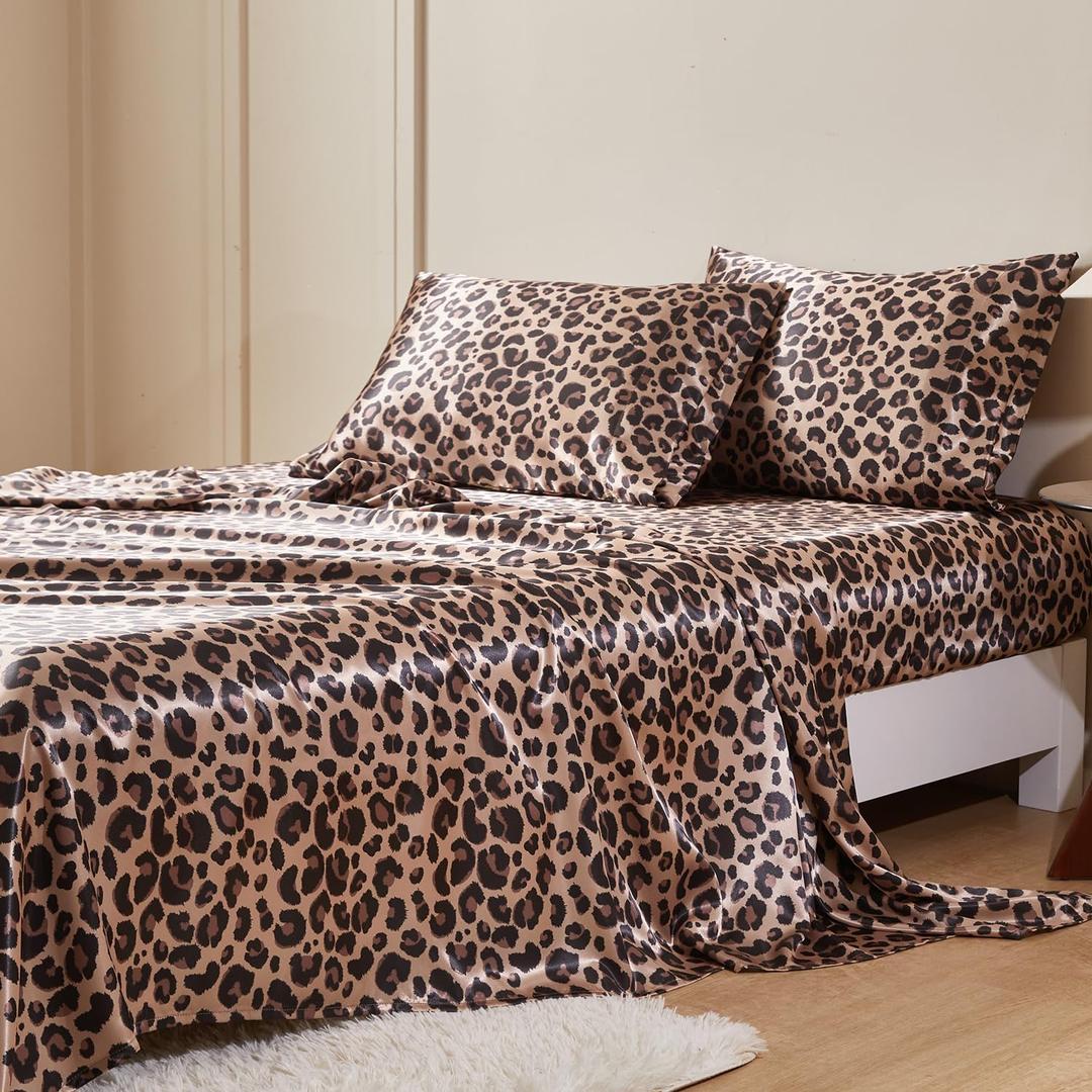 MR&HM Satin Bed Sheets with Elastic Corner Straps, King Size Sheets Set, 4 Pcs Silky Bedding Set with 15 Inches Deep Pocket for Mattress (King, Brown Leopard)