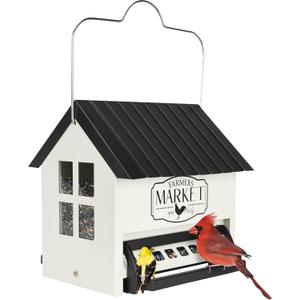 Squirrel Shield Metal Hopper Squirrel Proof Outdoor Wild Bird Seed Feeder, Hanging Bird Feeder, 2 Weight Activated Feeding Ports, Easy to Fill Roof Opening, White