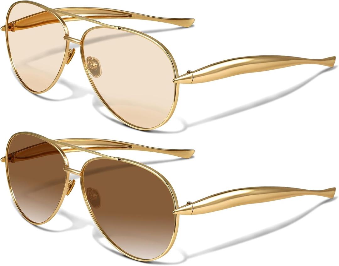 YDAOWKN Retro Gold Aviator Sunglasses for Women Men, Metal Oversized 70s Aviators Sun Glasses (B-gold Frame Champagne Lens + Gold Frame Gradient Brown Lens)
