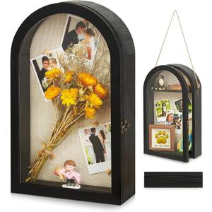 Shadow Box Frame 10x16 Large Shadow Boxes Display Cases with Linen Back and Removable Shelves, Picture Frame Wedding Bouquet Memorabilia Medals Photos Memory Box for Keepsakes (Black)