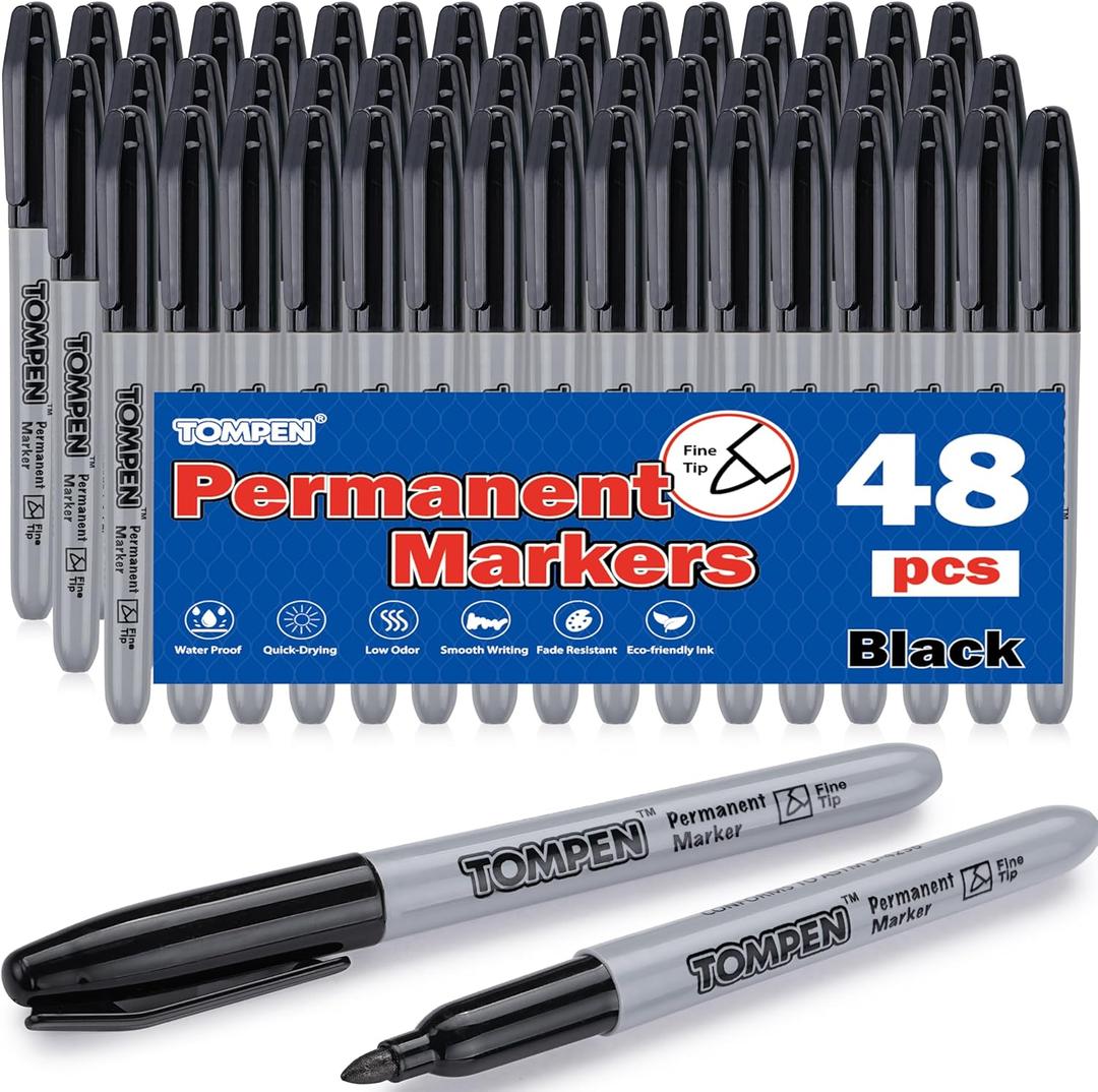 Black Permanent Markers Fine Tip 48 Count Bulk,Waterproof Permanent Marker Pens with Quick Drying on Wood,Plastic,Paper,Metal,Mirror for Office School Classroom Home