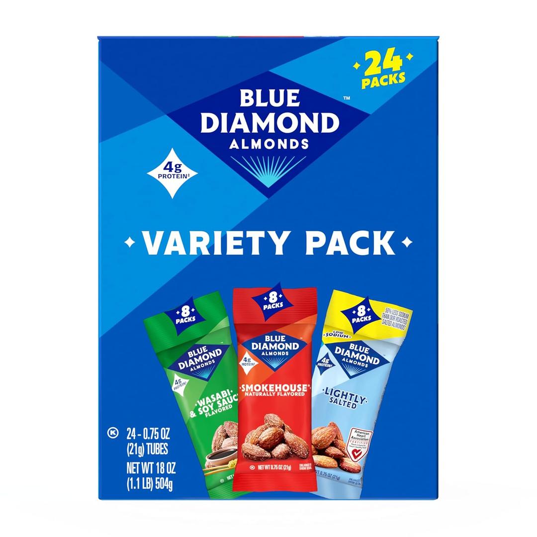4 x Blue Diamond Almonds Snack Nut Variety Pack for Kids, Office, School, On-the-go, 0.75 oz Gluten Free Individual Packs, Wasabi & Soy Sauce, Lightly Salted, and Smokehouse (Pack of 1,24 Count Total) (EXP 05/27/26)