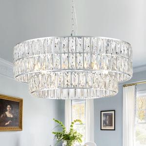 24'' Luxury Chrome Crystal Chandelier 8-Lights Modern Semi Flush Mount Ceiling Light Fixtures Round Crystal Pendant Chandeliers for Living Room Dining Room Kitchen Foyer Bedroom