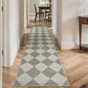 Beeiva Checkered Print Runners for Hallways Non Slip 2.5x12, Green Ultra Thin Washable Runner Rug Neutral Long Rugs for Hallway, Moroccan Plaid Floor Carpet for Kitchen, Modern Gingham Home Decor