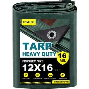 16Mil Tarps Heavy Duty Waterproof 12x16 Finished Size, Large Outdoor Multipurpose Protective Cover (Green/Brown)