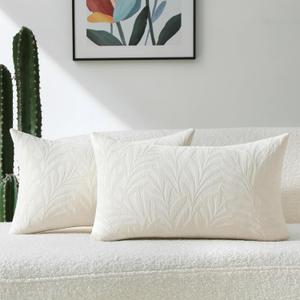 FUTEI Cream Decorative Throw Pillow Covers 12x20 Inch Set of 2,Soft Chenille Phoenix Tail Leaf Textured Pillow Case,Modern Home Decor for Couch Bed Living Room