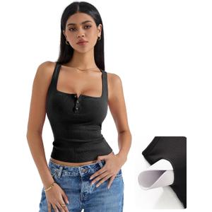SUUKSESS Women Sexy Ribbed Square Neck Tank Tops with Built in Bra Summer Cotton Sleeveless Crop Going Out Cami (Small, Black)