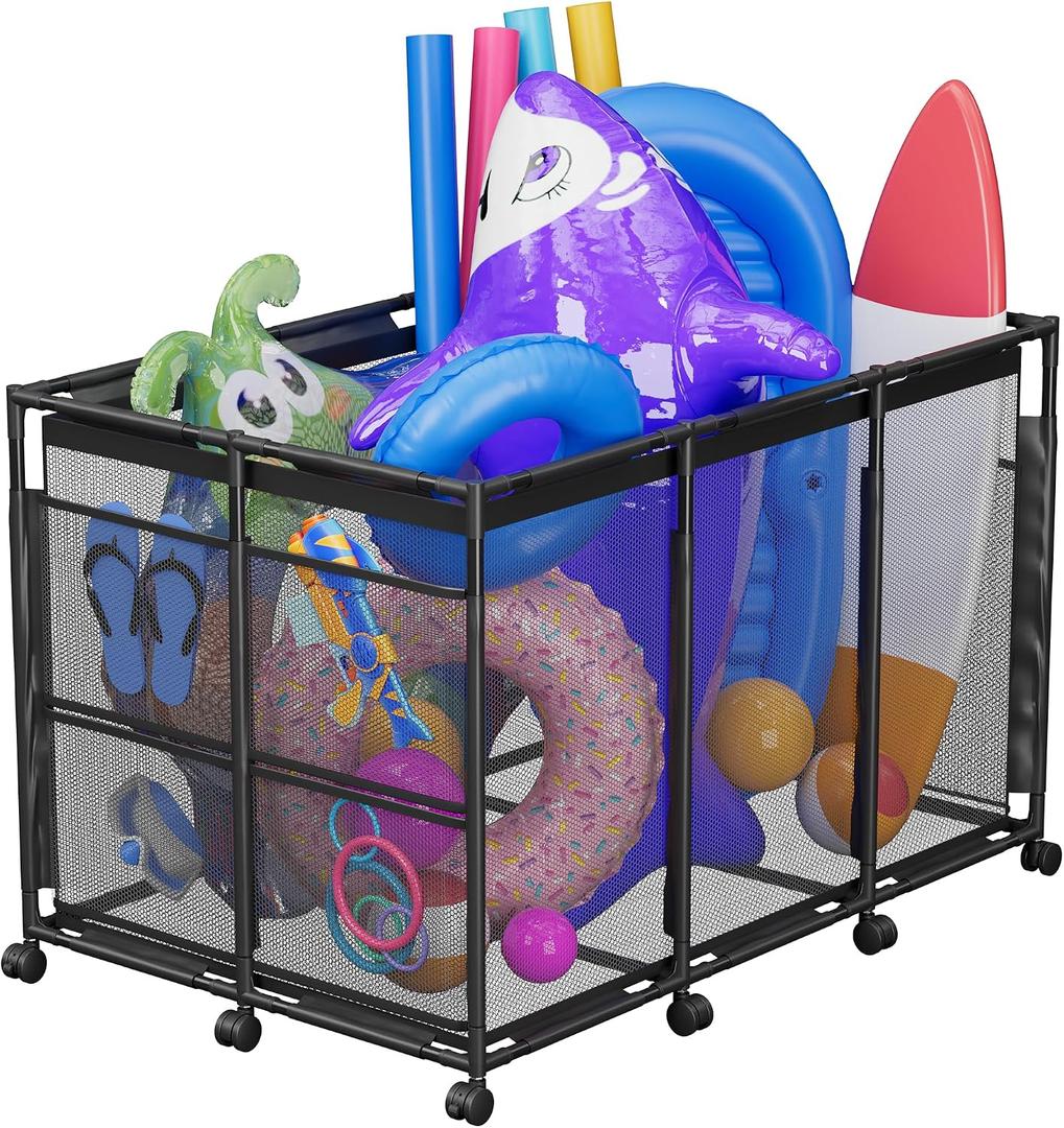 POOLHOUR Pool Float Storage XXL Large Outdoor Pool Toy Storage Organizer for Pool Noodles, Toys, Floats, Balls,Equipment, Mesh Rolling Storage Organizer Bin, Black
