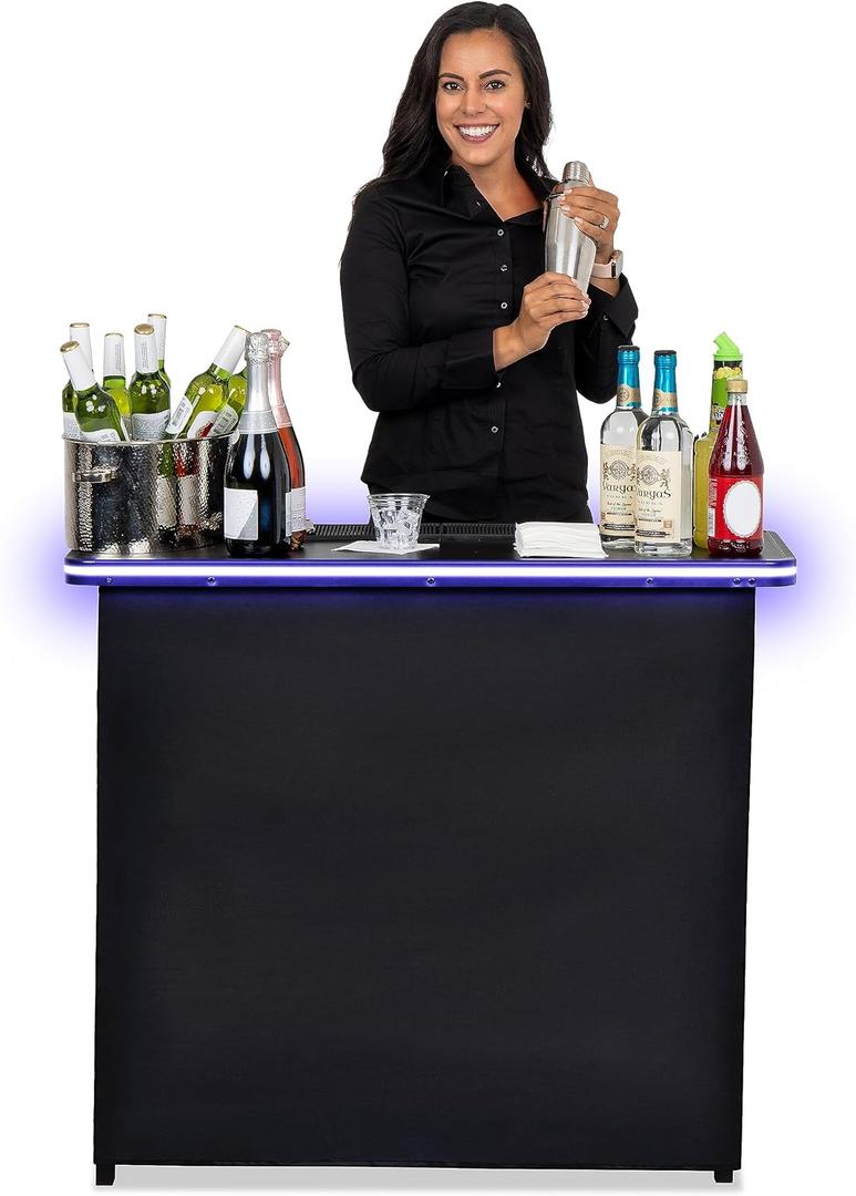 GoBar Portable Bar Table for Events - Black, 3 Skirts, or LED - Pop Up Mobile Bartending Station with Travel Carrying Case, 39 x 36 x 15 inches