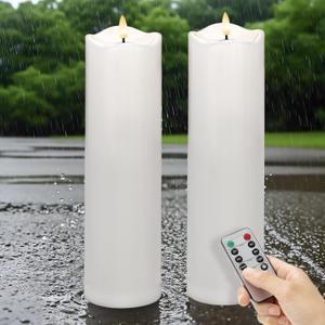 4" x 14" Large Outdoor Flameless Candles with Remote, Waterproof Pillar Candles, Plastic Battery Operated Candles for Patio Porch Lanterns, White (Pack of 2)