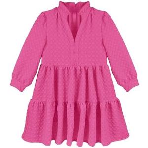 Girls 3/4 Sleeve Flowy Dresses Casual V Neck Texture A Line Layered Sundress for Kids with Pockets Size 5-14, L (Pink)