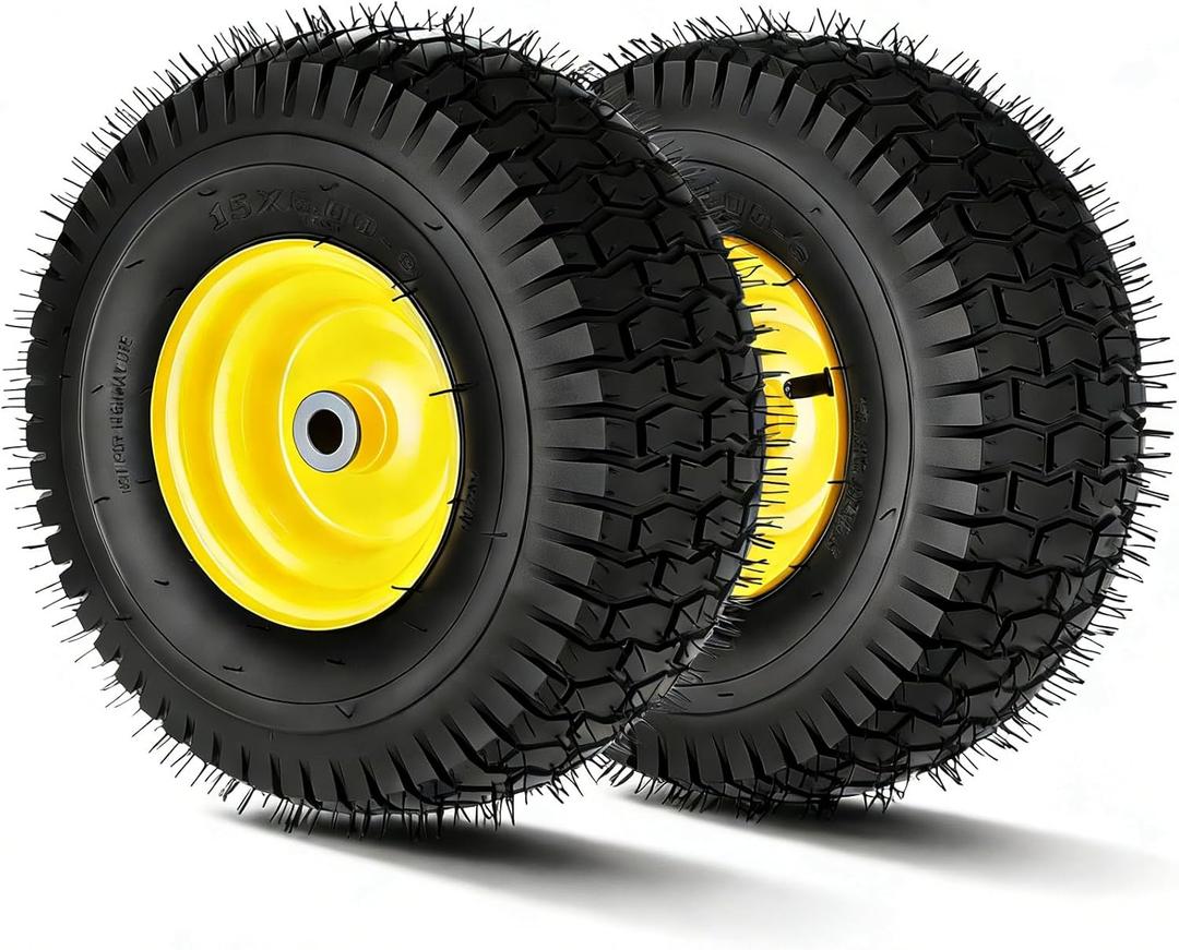 15x6.00-6NHS Lawn Mower Tires, 15 x 6.00-6 Lawn Mower Tires and Wheel Compatible with John Deere Craftsman Husqvarna Riding Lawn Mower Front Tires-with 3/4" Bearing, 3" Centered Hub (2 Pack)