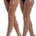 VEBZIN 2 Pack Sparkly Large And Medium Mesh Fishnet Tights For Women Glitter Rhinestone Fishnets Stockings (Black)