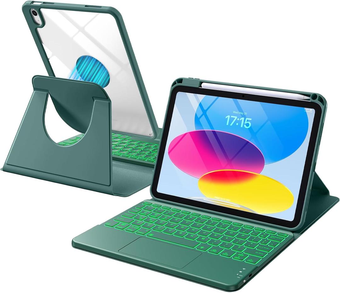 Harvopu for iPad 10th/11th Generation A16 Case with Keyboard, 360 Rotation Detachable Cover with Pencil Holder, Multi-Touch Trackpad, 7 Colors Backlit Keyboard for iPad (A16)/10th Gen (Pine Green)