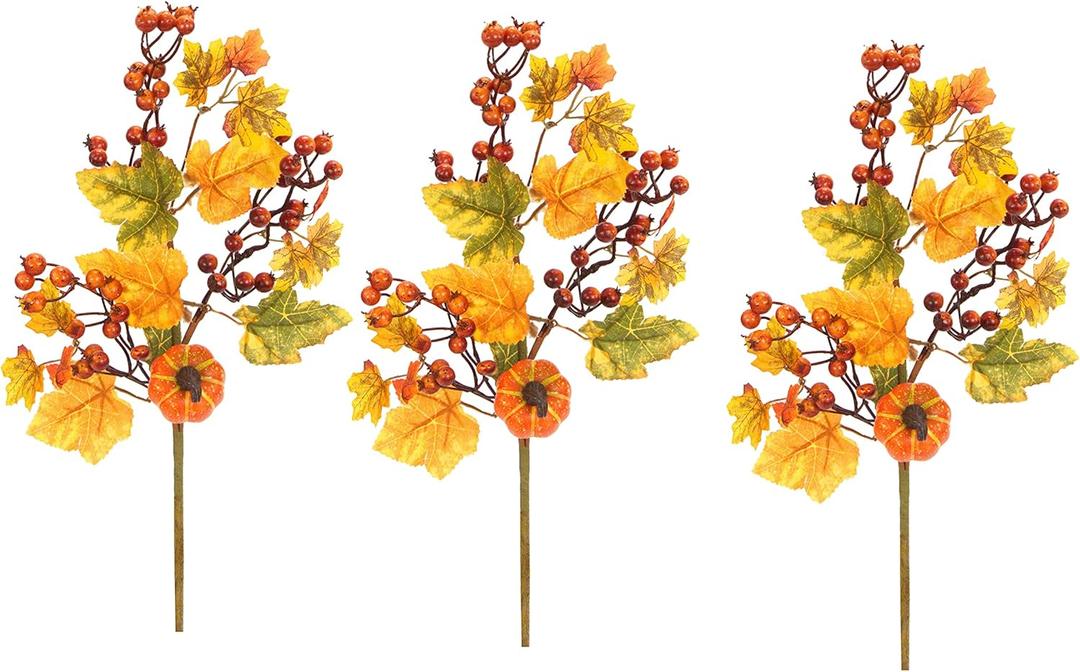 Admired By Nature Artificial Autumn Flowers 20" Faux Spray with Mini Pumpkins, Fruit & Berries - for Home Holiday Fall Decor, Thanksgiving Floral Arrangement Decorations - Gold Green Set of 3