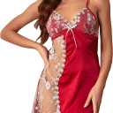 RoseSeek Women's Mesh Floral Embroidery Lace Trim Sheer Chemise Sleep Dresses Babydoll Nightgown Satin Slip Dress (Red, S)