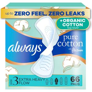 Always Pure Cotton, Organic Cotton top Layer Pads for Women with Wings, Feminine Care, Period, Menstrual, Sanitary, Postpartum, toallas sanitarias para Mujer, Size 3 Extra Heavy, Unscented, 66ct