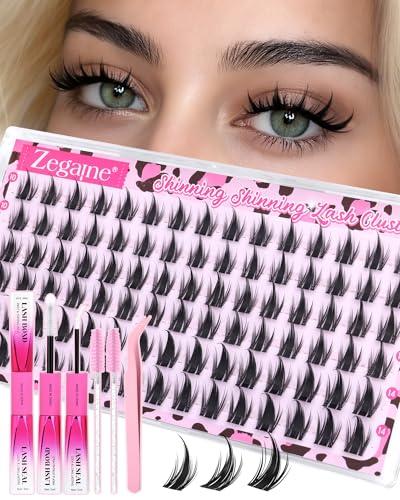 Anime Lash Clusters Kit Natural Eyelash Clusters Invisible Band 10-12-14MM C Curly Manga Cluster Eyelash Extensions Kit Wet Look Lashes Clusters Kit with Lash Bond&Seal Tweezers Brushes by Zegaine
