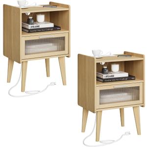 Nightstand with Charging Station, Natural Wood Bedside Tables, Modern End Table, Side Table with 2 Tiers Storage Space for Bedroom Living Room MLBZ07YE-2