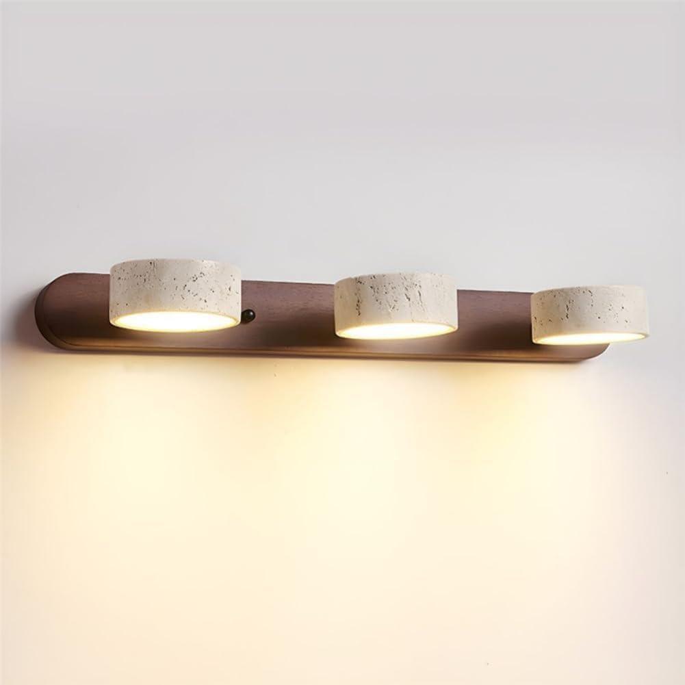 Dark Wood Farmhouse Bathroom Vanity Light Modern Stone Cylinder Wall Lamp 3 Lights Travertine Shade Linear Bathroom Wall Sconce Rotatable LED Wall Light Over Mirror - Walnut Color
