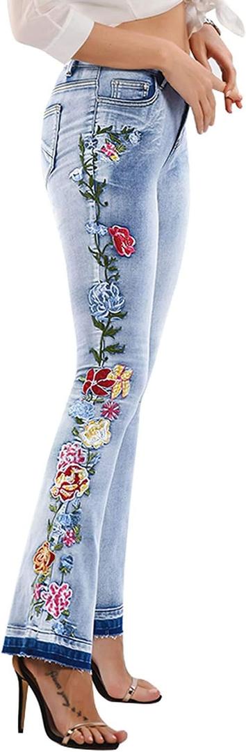 CHARTOU Womens Chic Floral Embroidered High-Rise Bell Bottom Flare Jeans Broad Feet Long Denim Pants (X-Large, Blue4)