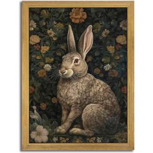 SAMHOU Framed 3D Textured Wall Art, Vintage Sandstone Hand Drawn Rabbit Wall Decor, Easter Cute Bunny Decor Painting, Nature Animal Flowers Pictures for Bathroom Living Room Bedroom Office 16x24 inch