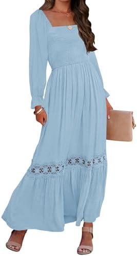ZESICA Women's 2026 Boho Long Sleeve Square Neck Smocked High Waist Flowy A Line Lace Trim Maxi Dress Size S, Light Blue