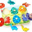 Easter Basket Stuffer Gift for Toddlers 1-3 Year Old Dinosaur Wooden Puzzles, Matching Eggs Peg Puzzle Gifts for Babies Fine Motor Skill Montessori Toys for Toddler Age 2-4 Boys Girls Valentine