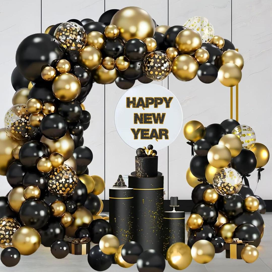 New Year Party Black Gold Balloon Garland Arch Kit Latex Balloons for 2026 New Year Eve Party Father's Day Birthday Party Bridal Shower Wedding and Baby Shower Graduation Party Decorations