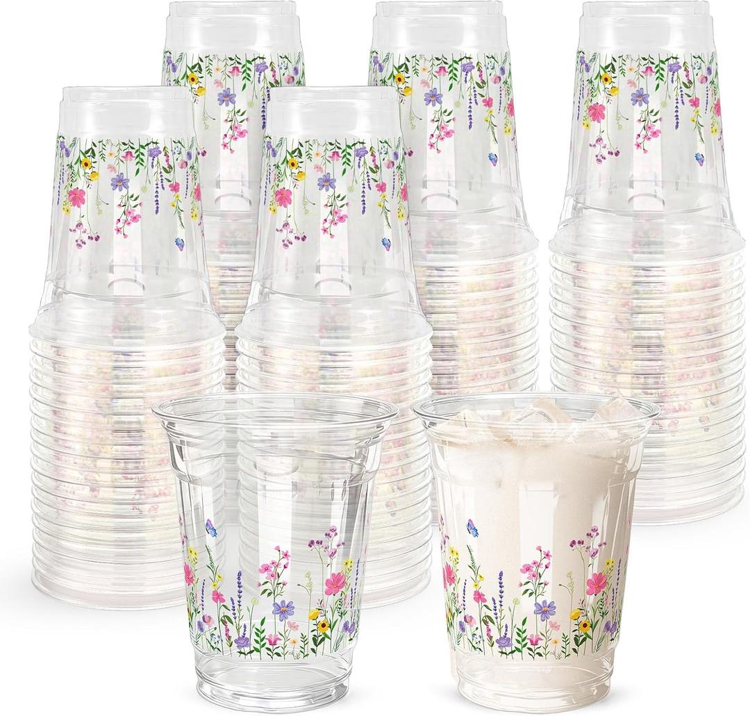 AnyDesign 100 Pcs Spring Floral Plastic Cups 12oz Flower Clear Drinking Cups Wildflower Disposable Cup for Wedding Birthday Baby Shower Party Table Decor Supplies