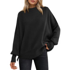 ANRABESS Women Oversized Sweaters Batwing Long Sleeve 2025 Fall Outfits Crewneck Casual Knit Side Slit Fashion Pullover Top (Large, Black)