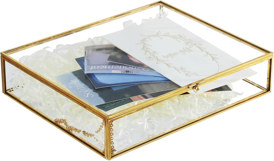 HighFree Gold Glass Photo Box - Vintage Photo Storage Organizer - Keepsake Display Box - Clear Jewelry Glass Box - Home Decor Box for Trinket Rings Bracelet (Large)