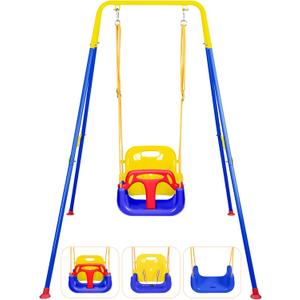 3-in-1 Toddler Swing Set, Indoor & Outdoor Baby Swing Heavy Duty Swing Set with Foldable Metal Stand for Aged 6 Months to 10 Years Old, Easy to Assemble and Store(Blue)