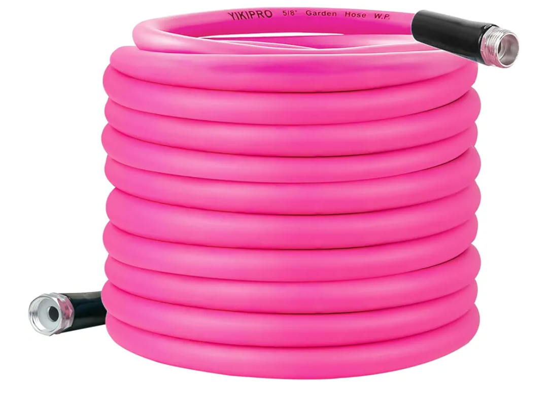 Garden Hose 5/8 in. x 100 ft, Flexible Water Hose, Heavy Duty Rubber Hose Leakproof, All-Weather Flexibility for Lawn & Garden, Pink