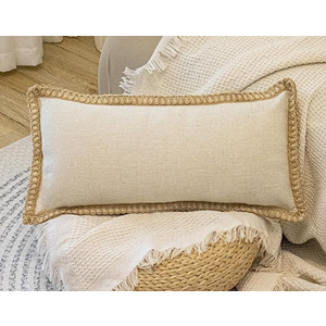 JoraLion Burlap Linen Lumbar Pillow Cover 14 x 24 inch, Trimmed Tailored Edges Cushion Cover Farmhouse Modern Decorative Pillow Case Outdoor Decor, Beige, Pack of 1 (Cover Only)