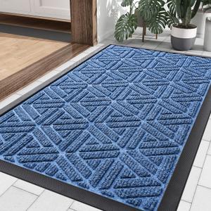 Smiry Front Door Mat Outside Entrance, Heavy Duty Sturdy Natural Rubber Doormat, Trap Dirt and Moisture, Easy Clean Low Profile Mats for Indoor Outdoor Entry, Grid Geometric (29.5x17, Blue)