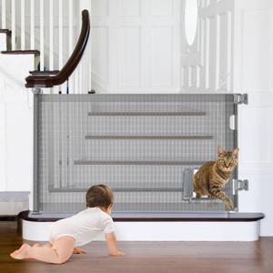 Retractable Baby Gates, Pet Gate with Cat Door - 33" Tall, Extends to 55" Wide Dog Gate for Stairs, Mesh Baby Gate with Door for Cats/Small Dogs, Easy Install for Doorways, Indoor &Outdoor