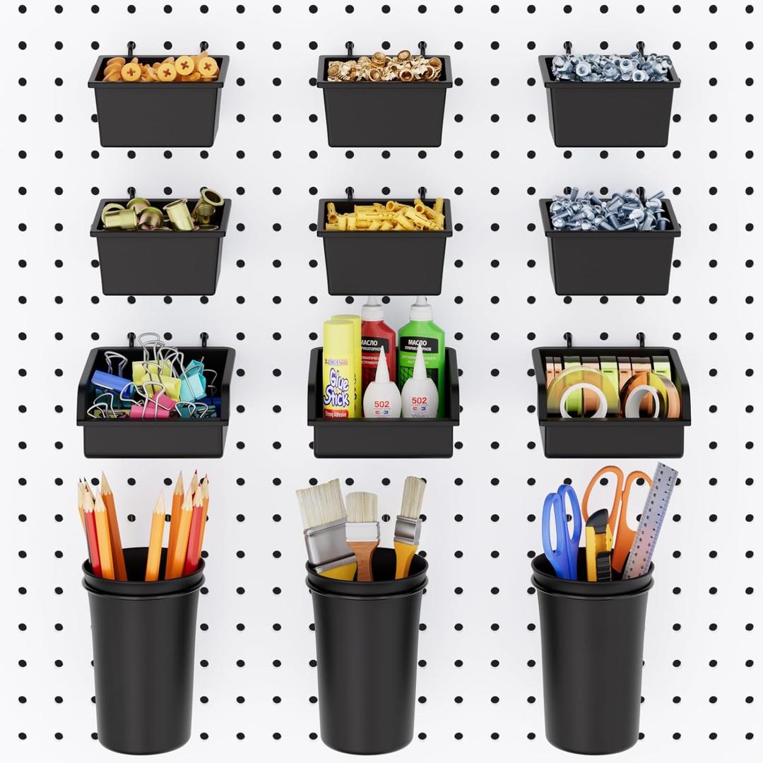 INCLY 12 Pack Pegboard Bins & Cups with Hooks, Peg Board Organizer Accessories Assortment Kit, Peg Board Tools Accessory Storage for 1/8 and 1/4 Pegboard Garage Workbench Craft Room Office Hobby