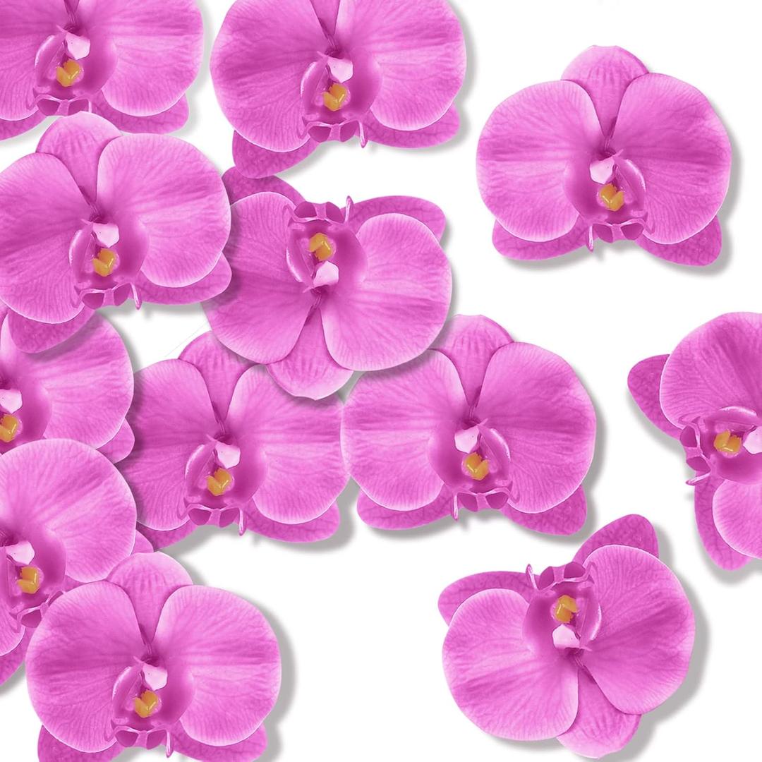 LARDUX 20 PCS Artificial Orchid Flower Heads - Fake Butterfly Flower Heads Faux Flower Head Bulk for Cakes Hair Accessories Headbands Hats Wedding Crafts Decoration - Fuchsia
